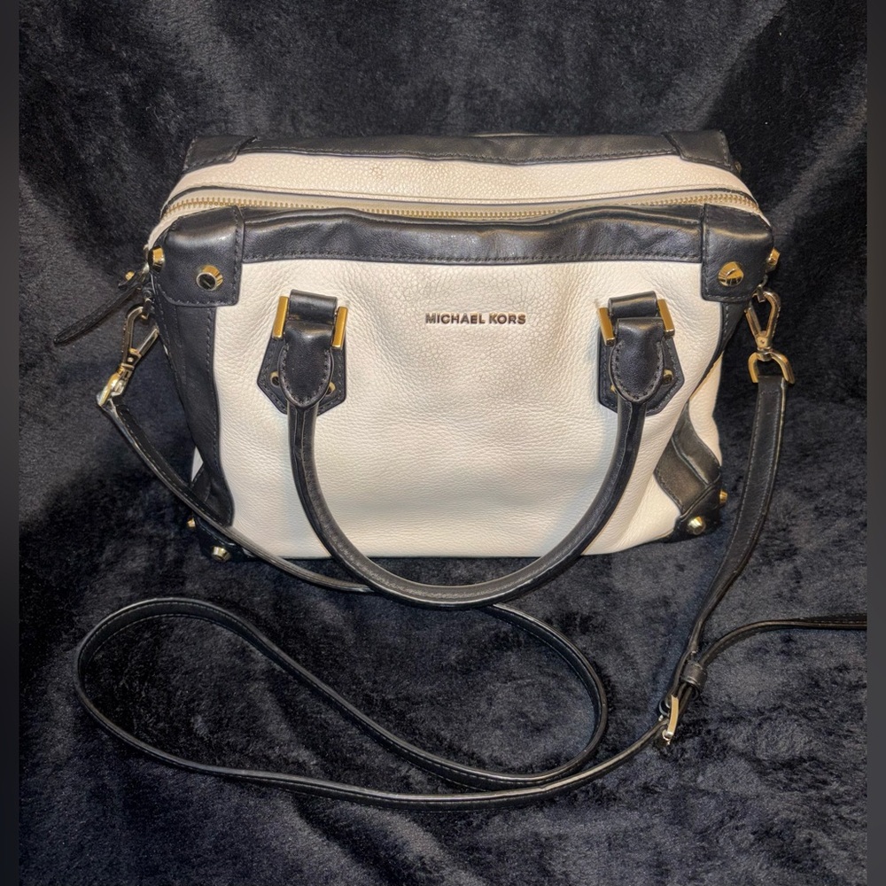 Michael Kors Taryn Satchel Black White Leather Crossbody Purse MK Gold Hardware